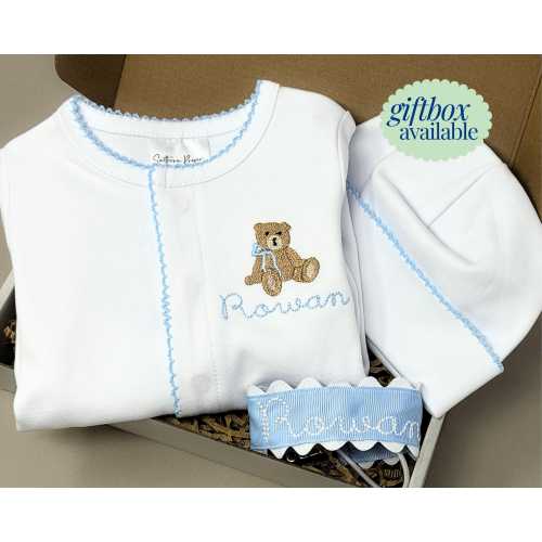 Monogram Baby Boy Footie Personalize Coming Home Outfit for Infant Organic Cotton Sleeper Set for Baby Shower Gift Bundle with Pacifier Clip