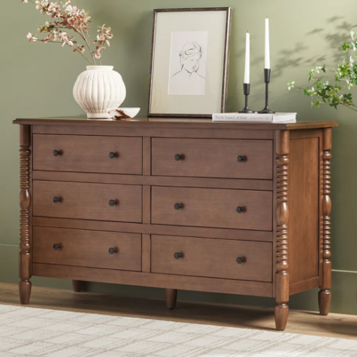 Traditional Vivienne 6-Drawer Easy Assembly Solid Wood Dresser- Dark wood