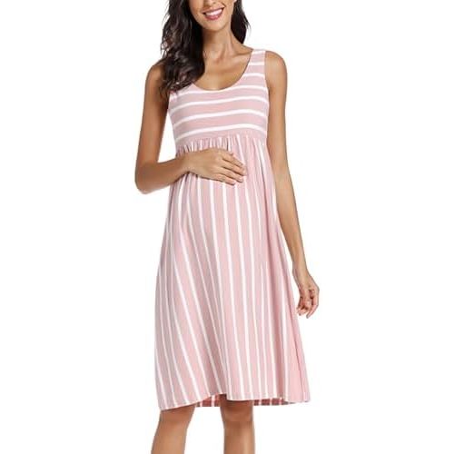 Ecavus Womens Maternity Tank Dress Stripe Color Block Sleeveless Knee Length for Baby Shower