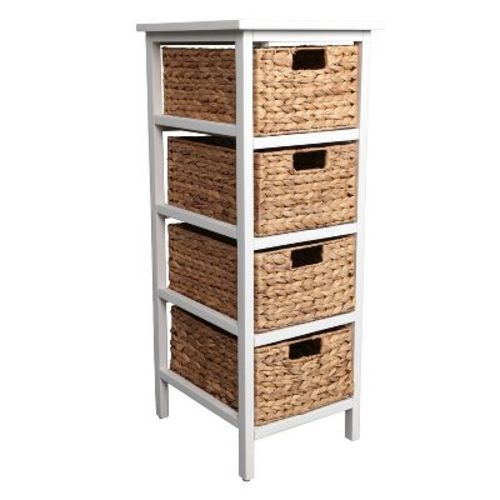 happimess Cohen 33.5 in. H Coastal Bohemian Handcrafted Acacia Wood 4-Tier Storage Cabinet with 4 Water Hyacinth Woven Baskets, White