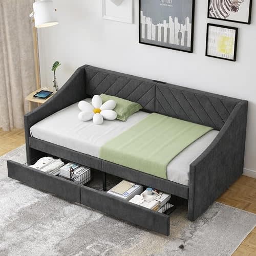 Upholstered Twin Size Daybed with Two Storage Drawers, Twin Leatherair Sofa Bed Daybed with Wood Slat Support,No Box Spring Needed (Dark Grey)