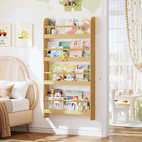 FOTOSOK Kids Bookshelf, 4-Tier Wall Mount Book Shelf for Kids Rooms