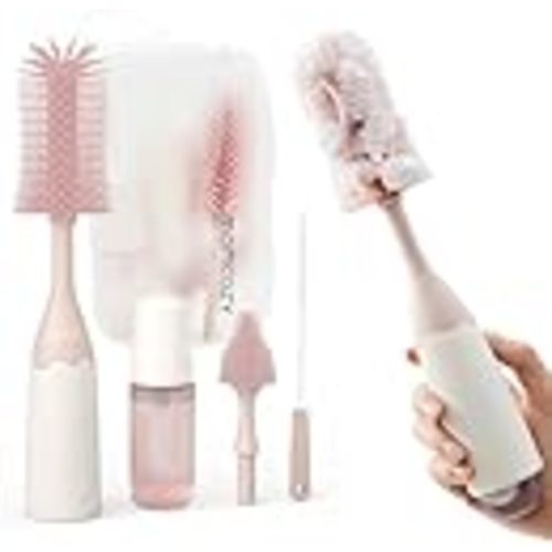 Momcozy Baby Bottle Brush Kit, Push-Press Foam Design, Pink | Portable for Home & Travel, Bottle Cleaner Brush for Breast Pumps & Nipple, Newborn Essentials, Food-Grade BPA-Free