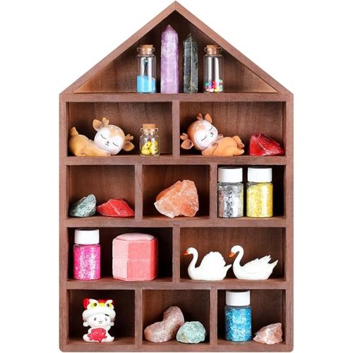 House Shaped Wooden Shadow Cubby Box 10 W x 2 1/4 D x 15 H Hanging Display Shelf Organizer Wall Mounted Curio Cabinet Wooden Display Case Miniature Shelf for Figures(Brown)