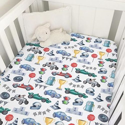 Watercolor Race Car Baby Crib Sheets for Boys Vintage Racing Car Vehicle Soft Snug Fitted Crib Mattress Covers for 52''x28'' Standard Crib & Toddler Mattresses Baby Boy Sports Nursery Bed Sheets