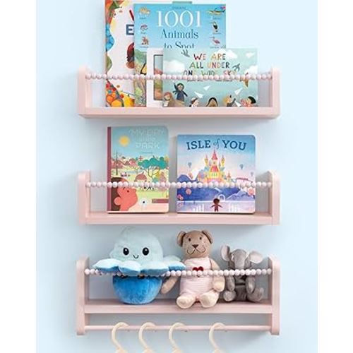 Nursery Book Shelves, Set of 3 Kids Bookshelves Natural Wood Wall Mount Organizer with Towel Bar Hanging Nursery Decor for Kids Room, Playroom, Bedroom and Kitchen, Pink