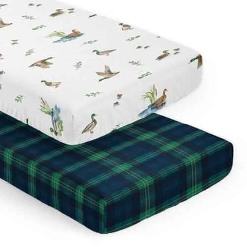 Sweet Jojo Designs Mallard Duck Cottagecore 2 Pack Fitted Crib Sheets - Green/Blue Gingham Plaid & Watercolor Duck Pond, Nature