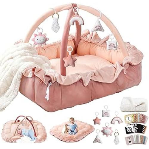 5-in-1 Plush Baby Play Gym, Baby Play Mats, Convertible Baby Gym with Blanket and 6 Toys, Tummy time mat, Baby Activity Center from Newborn to Toddler, Baby Gym, Ball Pit, Baby Gifts, Ped Bed, Pink