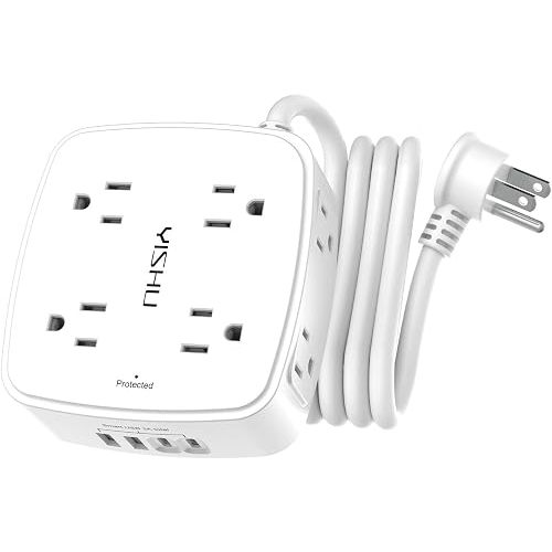 6 Ft Surge Protector Power Strip - 8 Widely Outlets with 4 USB Ports, 3 Side Outlet Extender with 6 Feet Extension Cord, Flat Plug, Wall Mount, Desk USB Charging Station, ETL,White