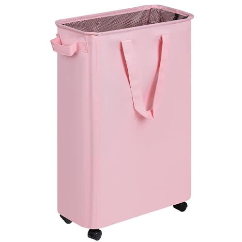 efluky Slim Laundry Hamper with Wheels, Rolling Laundry Basket for Clothes, Small Laundry Basket for Bedroom, Dorm and Laundry Room, 60L (12.7 Gallons) Pink