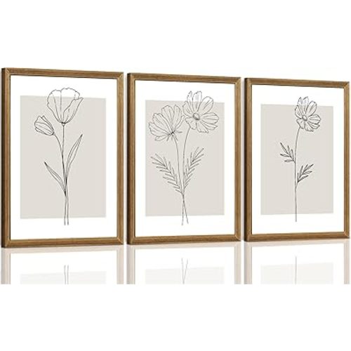 ICHZUMW Neutral Botanical Floral Wall Art, Black and White Farmhouse Flowers Wall Decor, Modern Minimalist Line Art Canvas Prints, Beige Artwork, Living Room Bedroom Home Office, Set of 3, 12x16in