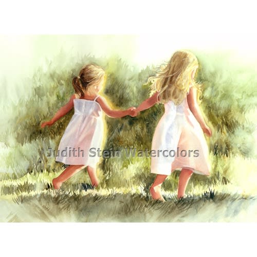 Girl Friends Sisters Children, Run in Green Grass, Meadow, White Dress, Watercolor Painting Print, Wall Art, Home Decor, "Free as a Bird"