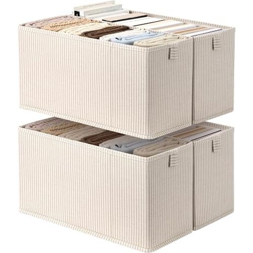 StorageWorks Narrow Storage Basket, Narrow Baskets for Shelves, Fabric Storage Bins with PU Handle, Perfect for Clothes, Underwear, Books, Socks, Khaki Stripe, 4-Pack