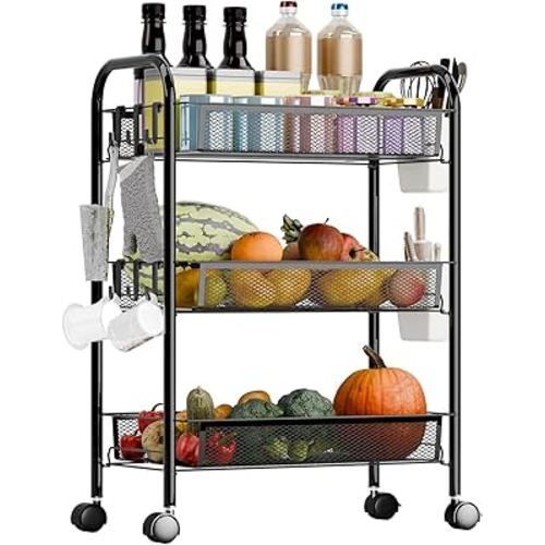 Fruit Vegetable Basket Storage Cart 5 Tier Stackable Metal Mesh Basket with 360 Degree Wheels 41 Inch High Kitchen Storage Snack Cart Pantry Bathroom Cart (Black 3-Layers)