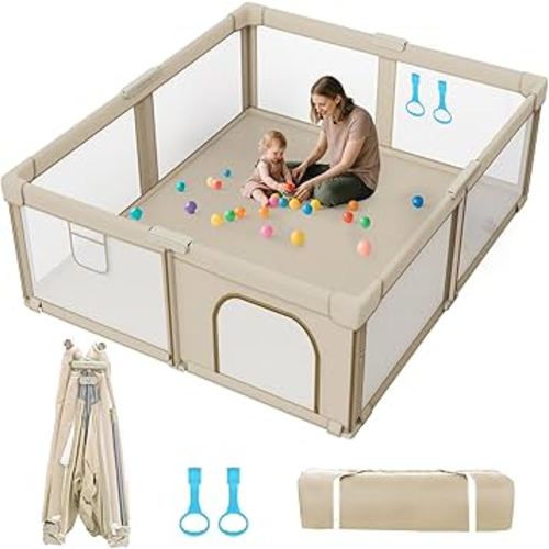 Foldable Baby Playpen: 79” x 71” Super Large Playpen for Babies and Toddlers - Portable Play Pen for Babies with Breathable Mesh & 2 Pulling Handle - Baby Play Yard for Outdoor & Indoor