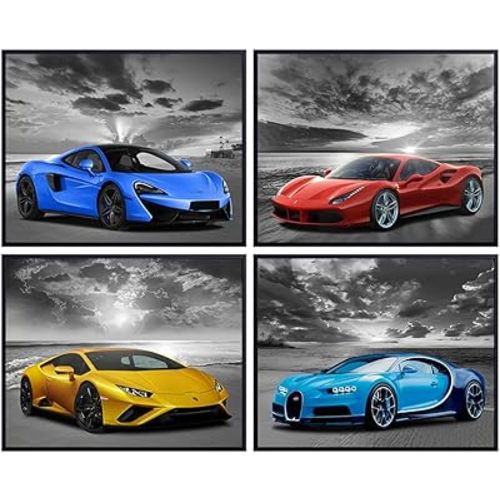 Lamborghini McLaren Ferrari Bugatti Wall Art - Boys Room Decor - Race Car Decor - Sports Car Posters Set - Man Cave Decor - Garage Wall Decor - Bar Wall Decor - Coastal Ocean Beach Theme