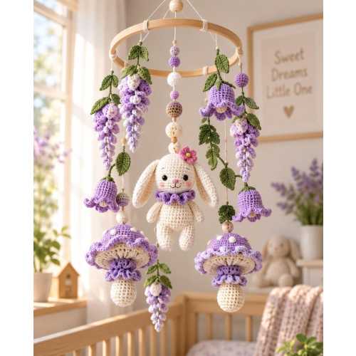 Crochet Bunny Baby Mobile, Purple Floral Crib Mobile, Wisteria Mushroom Nursery Decor, Cottagecore Baby Shower Gift