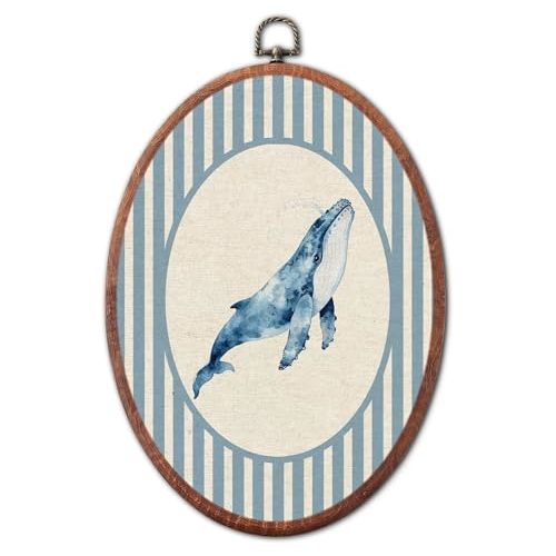Vintage Whale Nursery Oval Wall Art Framed, Sea Creatures Canvas Prints | blue striped canvas,unique retro boy or girl gift hanging wall decor for kids toddler room bedroom playroom, 8.6x11.4 inch
