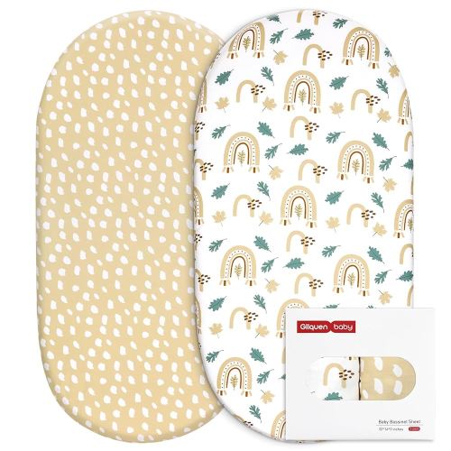 Gllquen Baby Bassinet Sheets Set 2-Pack, Breathable Cozy Bassinet Fitted Sheet Universal Fit Standard Mattress Oval Rectangle Cradle Baby Sheets for Baby Boy Girls Unisex 32"x16" (Cute Rainbow)