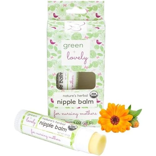 Green+Lovely Nipple Balm Organic Nature's Herbal Breastfeeding Cracked Nipples Soother Nursing Crack Ointment Essential Stick, Silky Calendula Infused, Pregnancy Essential, 2 x 0.5 oz Gift Set