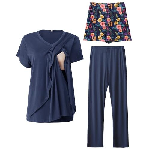 Rnxrbb 3 PCS Nursing Pajamas Set Postpartum Pjs Breastfeeding Sleepwear for Women Double Layer with Pockets
