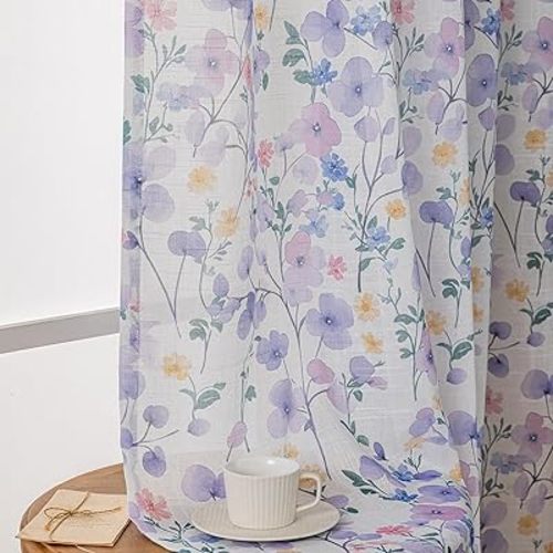 Violet Floral Semi Sheer Curtains Linen Textured for Living Room Patterned Leaves 84 inches Long Window Drapes for Dining Bedroom 2 Panels