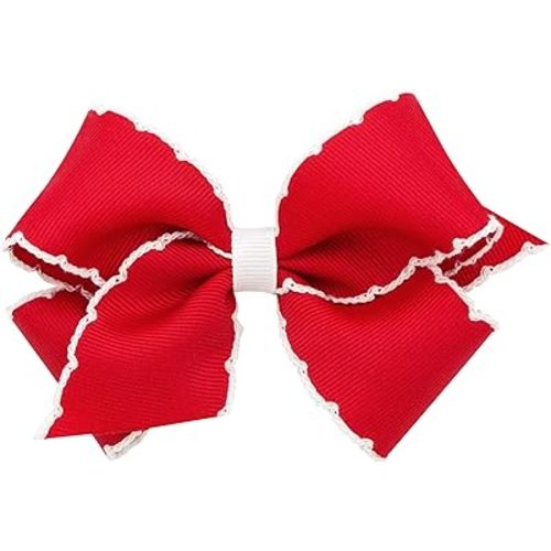 Wee Ones Girls' Classic Grosgrain Moonstitch Edge Hair Bow, No-Slip Hair Clip, Handmade, Red with White, Small