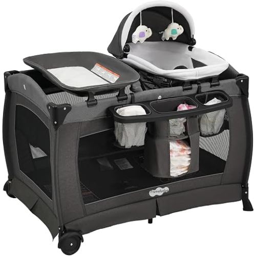 Pamo Babe Pack and Play 4-in-1 Baby Playard with Bassinet & Changing Table, Foldable Portable Playpen with Mattress, Travel Crib for Newborn to Toddler 0-36M-Black