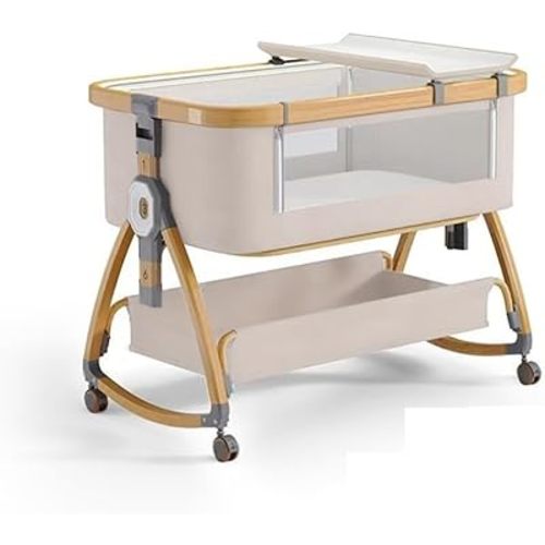 bonbay Baby Bassinet, Bedside Bassinet for Baby, 4 in 1 Portable Bassinet Bedside Sleeper with Wheels Mosquito Net & Storage Basket, 6 Height Adjustable Rocking Bassinet for Newborn Baby