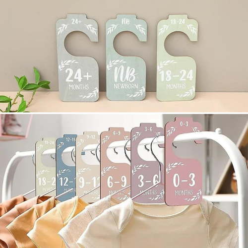 Dserhfy 8Pcs/Set Wooden Baby Closet Dividers Newborn to 24 Months Toddlers Wardrobe Clothes Size Hanger Organizer Boho Rustic Nursery Decoration