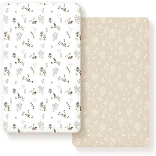 GRSSDER Jersey Knit Fitted Crib Sheets Set 2 Pack Fit All Standard Crib Mattress Watercolor Rabbit Pattern