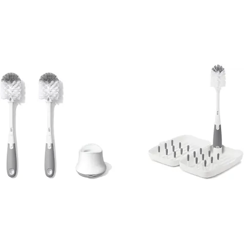 OXO Tot Bottle Brush with Nipple Cleaner and Stand – Gray, 2-Pack & Tot Travel Size Drying Rack with Bottle Brush- Gray