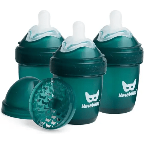 Herobility Anti-Colic Baby Bottles 5 oz / 140 ml – Pack of 3 Newborn Baby Bottles, Slow Flow Plastic Bottles, Breast-Shaped Teat for Breastfed Babies, Small Baby Bottles, Swedish Design, Dark Green