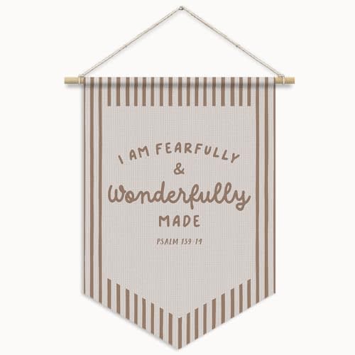 Christian Nursery Decor, I Am Fearfully and Wonderfully Made | Christian Wall Banner Pennants Flag, Retro Religious Wall Art Prints for Kids Room Bedroom Playroom Nursery Decor,11x15