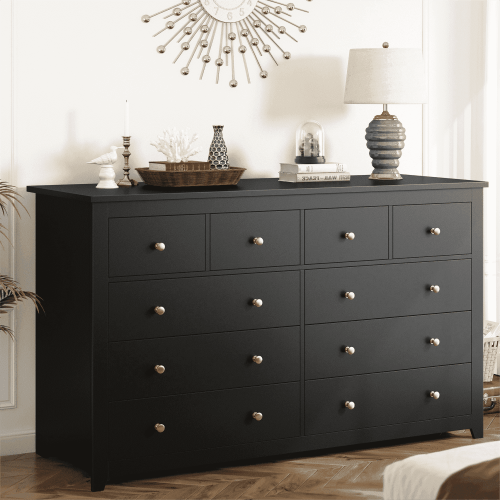 EnHomee Black Dresser for Bedroom 10 Deep Drawers Modern Wood Dressers & Chests of Drawers Wide Dresser with Smooth Metal Rail, Black