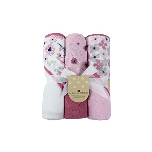 Cudlie Buttons & Stitches Baby Girl 3 Pack Rolled/Carded Hooded Towels in Crisp Blossom Print (GS71728)