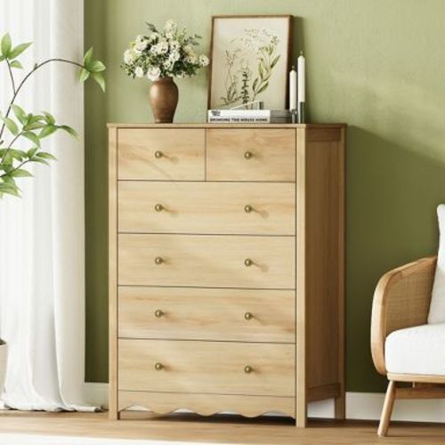 TYBOATLE 6-Drawer Tall Natural Oak Nightstand with Wave Base and Vintage Knobs for Bedroom,Living Room, Entryway