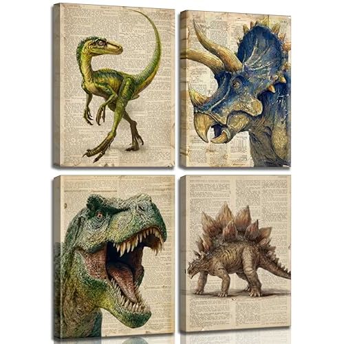 VASORASUE 4Pcs Dinosaur Canvas Wall Art | Retro Tyrannosaurus Stegosaurus Triceratops Parasaurolophus Picture Wall Decor Poster Print For Children Boy Nursery Room