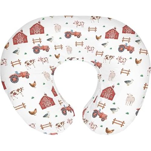 Farm Animals Life Baby Nursing Pillow Covers for Boy Girl Tractor Barn Pig Cow Lamb Hen Duck Soft Nursing Slipcovers for Breastfeeding Pillows Farmyard Stretchy Removable Covers for Newborn Infant