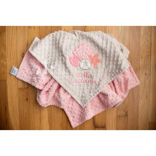 Plush Seashell Snuggles Minky Blanket, Personalized, Choice of colors, shown in Beige and Blush