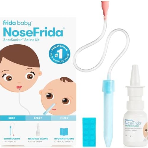 Frida Baby Saline Kit, Cold & Flu 12 pc Set Includes NoseFrida Nasal Aspirator for Baby, Nose Sucker, Saline Nasal Spray with 10 Extra Hygiene Filters, Nasal Spray Decongestant, 0.68 fl oz