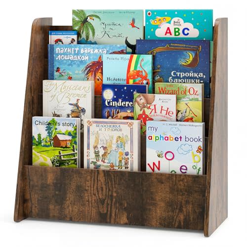 Costzon 5-Tier Kids Bookshelf, Wooden Children Bookcase, Toddler Book Rack, Magazine Storage & Display Shelf, Book Shelf for Kids Room, Living Room, Nursery, Classroom (Brown, 4 Tier)