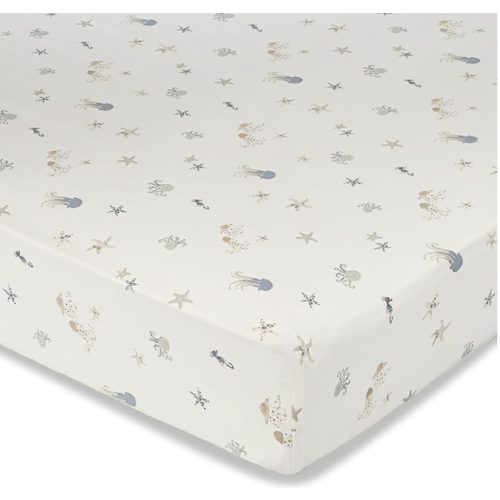 Crane Baby 100% Cotton Under The Sea Fitted Crib Sheet with Jellyfish Design, 28" x 52" Standard Size Sea Life Crib Sheet