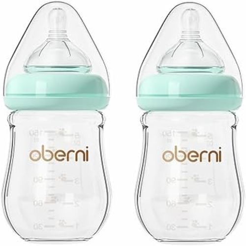 Glass Baby Bottles, Anti Colic Breastfeeding Bottle with Natural Response Nipple for Newborn Preemie 0+ Month, BPA Free, Wide Neck, Blue/2Pack/5oz