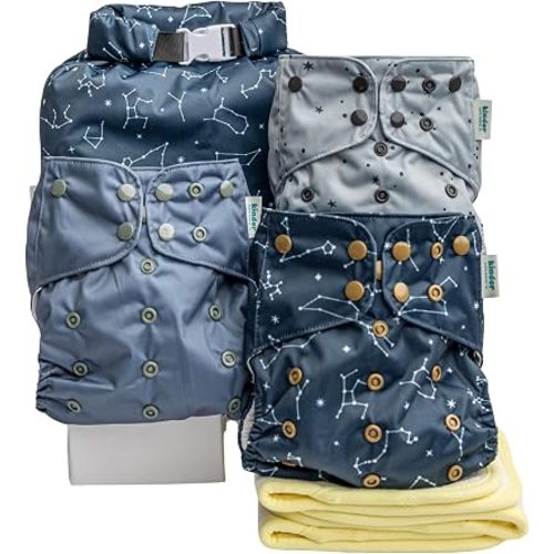 Kinder Cloth Diapers Reusable Baby Diapers Pocket Style Athletic Wicking Jersey, Wet Bag, Newborn to Potty Training 7-60lbs, One Size, Bamboo Viscose Inserts (Starlight, 3 Pack, with Inserts)