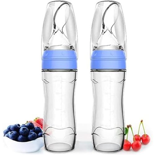 Matyz 2 PCS Silicone Baby Food Dispensing Spoon (Blue, 4oz/120ml) Squeeze Feeder with Spoon - Spoon Bottle for Baby - Baby Spoon Feeder Bottle Baby Solid Food Feeder - Ideal for 4 Months+ Babies