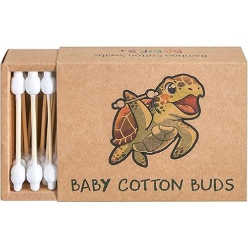 Sea Turtle Bamboo Cotton Swabs, Baby Safety Rim (100 Count) - Vegan, Eco Friendly, Organic, Double Tips, Plastic Free Wooden Ear Sticks, All Natural 100% Biodegradable Cotton Buds