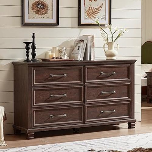 SAVOR LIFE Farmhouse 6 Drawer Dresser for Bedroom, 54 inch Wide Large Vintage Chest of Drawers with Square Solid Wood Legs, Rustic TV Stand for Living Room, Wooden Storage Dressers for Hallway, Walnut