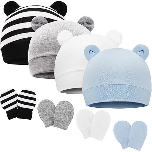BQUBO Newborn Baby Bear Ears Hats and Mittens Sets Preemie Cotton Caps Baby Boy Girl Infant Hospital Beanie