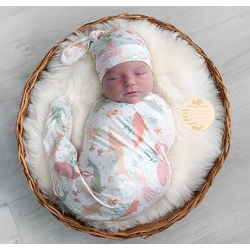 Newborn Swaddle Set, Pink Ocean Fish, Beanie and Headband